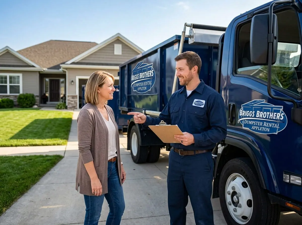 A Briggs Brothers Dumpster Rental Appleton driver talking with a homeowner in Appleton, WI A Briggs Brothers Dumpster Rental Appleton driver talking with a homeowner in Appleton, WI