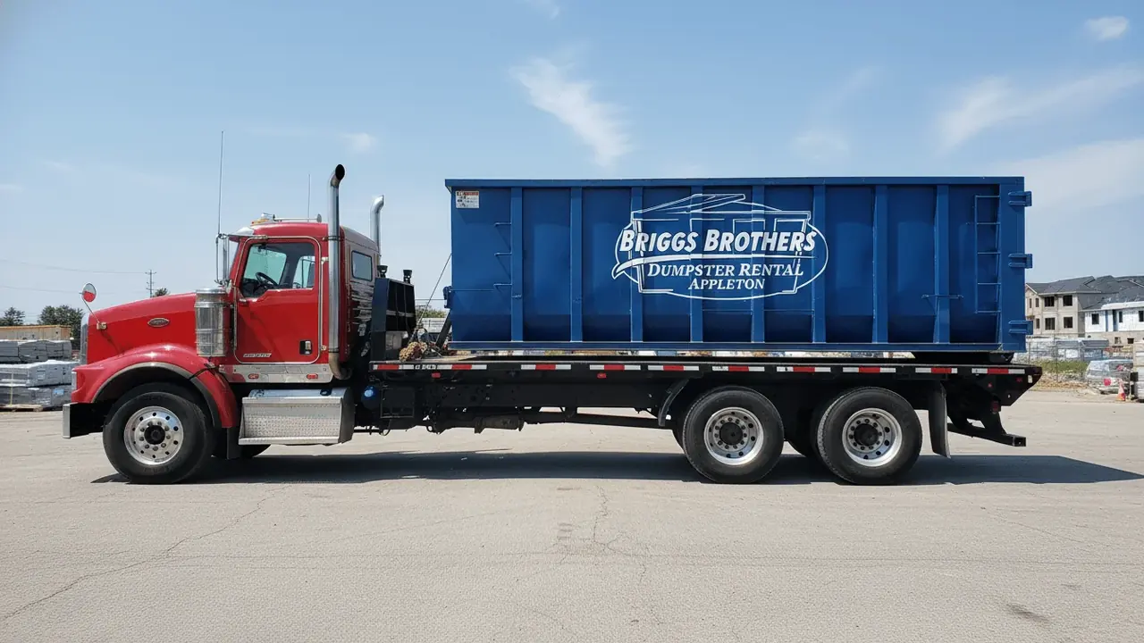 Briggs Brothers Dumpster Rental Appleton roll-off dumpster staged on a flatbed delivery truck serving Appleton, WI