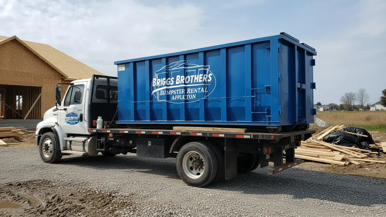 Roll-off containers staged and ready for delivery for Briggs Brothers Dumpster Rental Appleton in Appleton, WI Roll-off containers staged and ready for delivery for Briggs Brothers Dumpster Rental Appleton in Appleton, WI