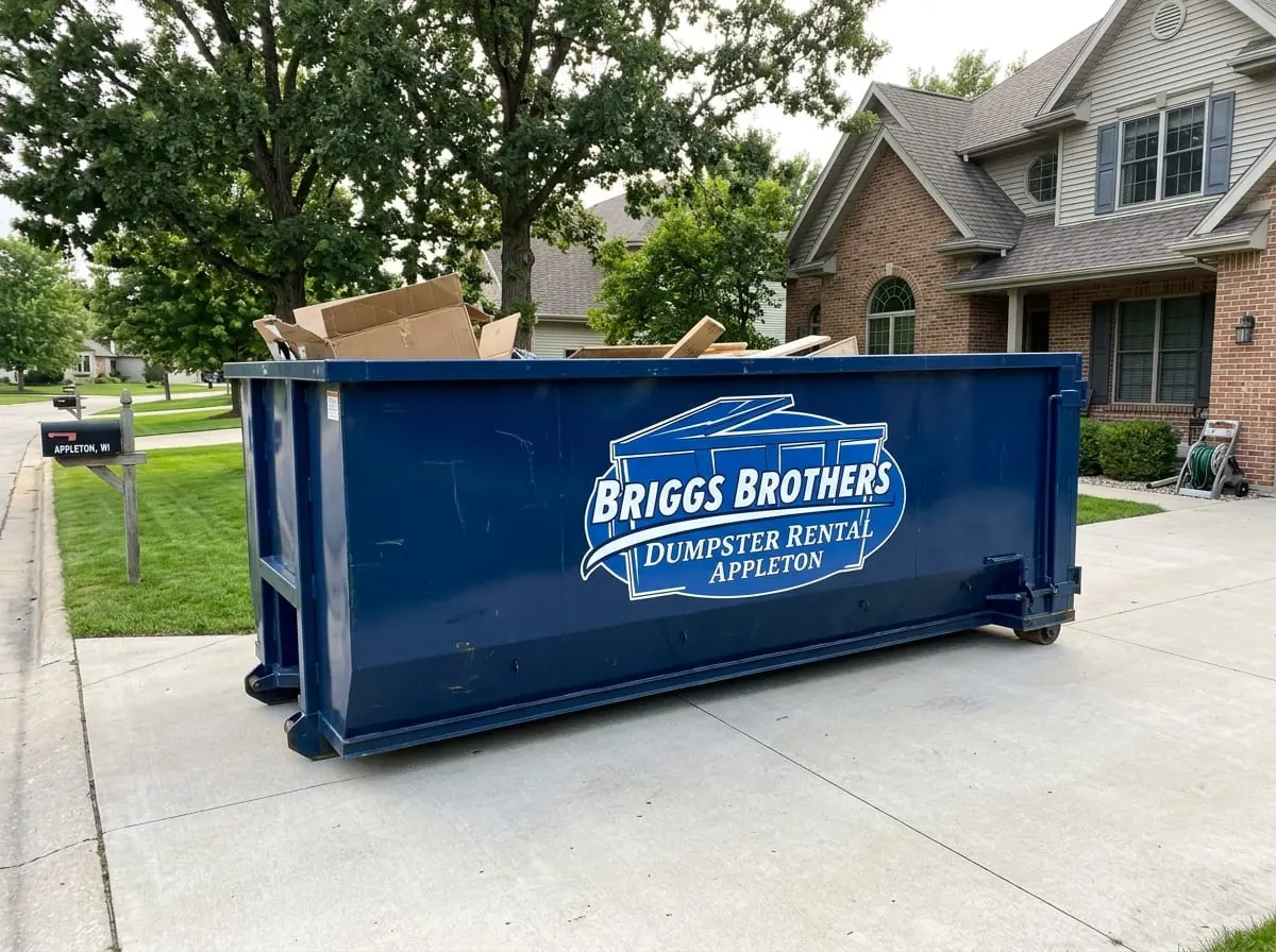 Briggs Brothers Dumpster Rental Appleton roll-off dumpster delivered to a residential driveway in Appleton, WI