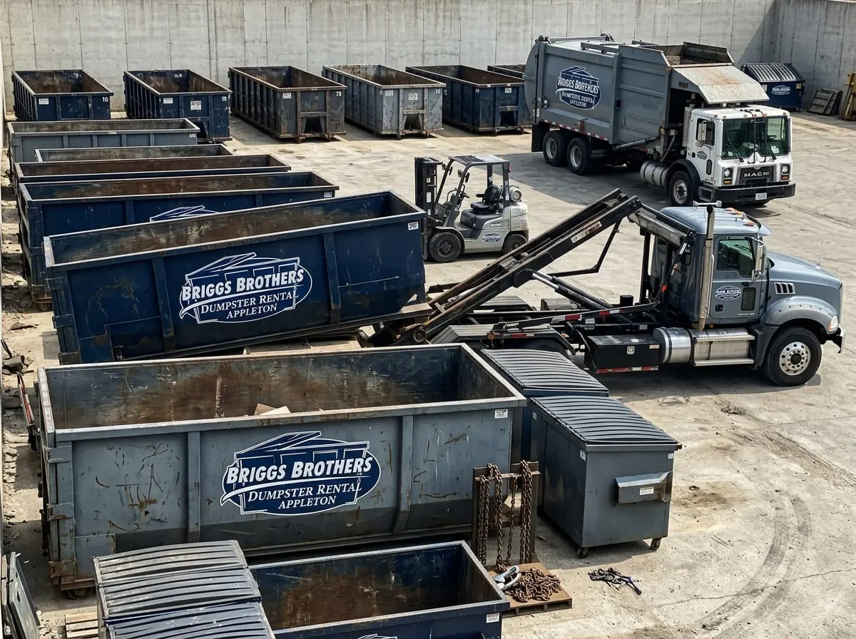 Licensed and insured dumpster rental Licensed and insured Briggs Brothers Dumpster Rental Appleton roll-off trucks staged in Appleton, WI